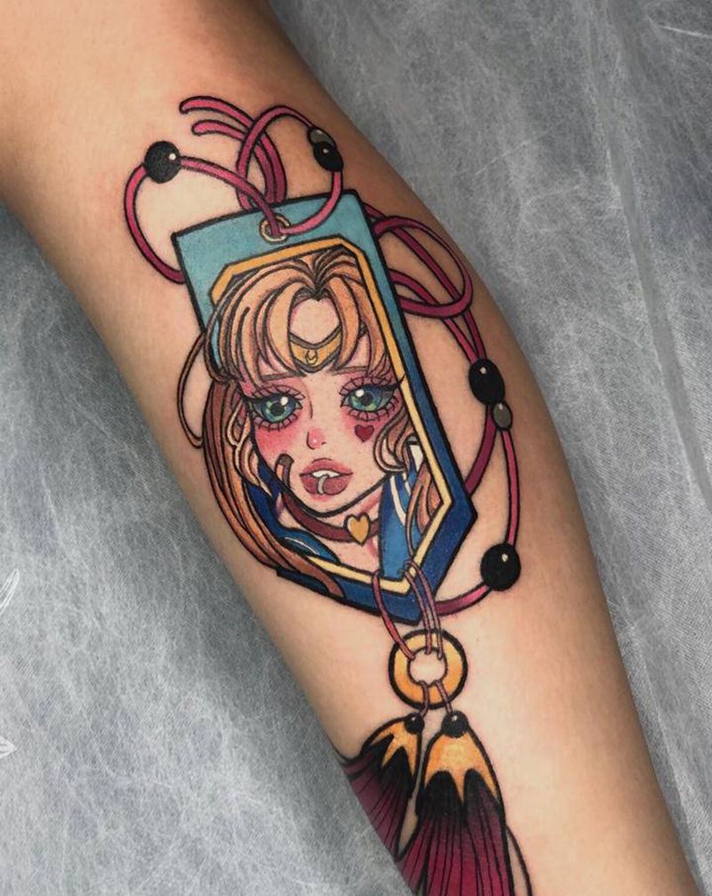 动漫御守之美少女纹身图片_腿部New School纹身图案