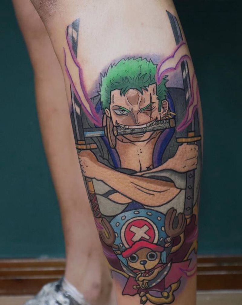 索隆和乔巴设计与上身r纹身图片_腿部New School纹身图案