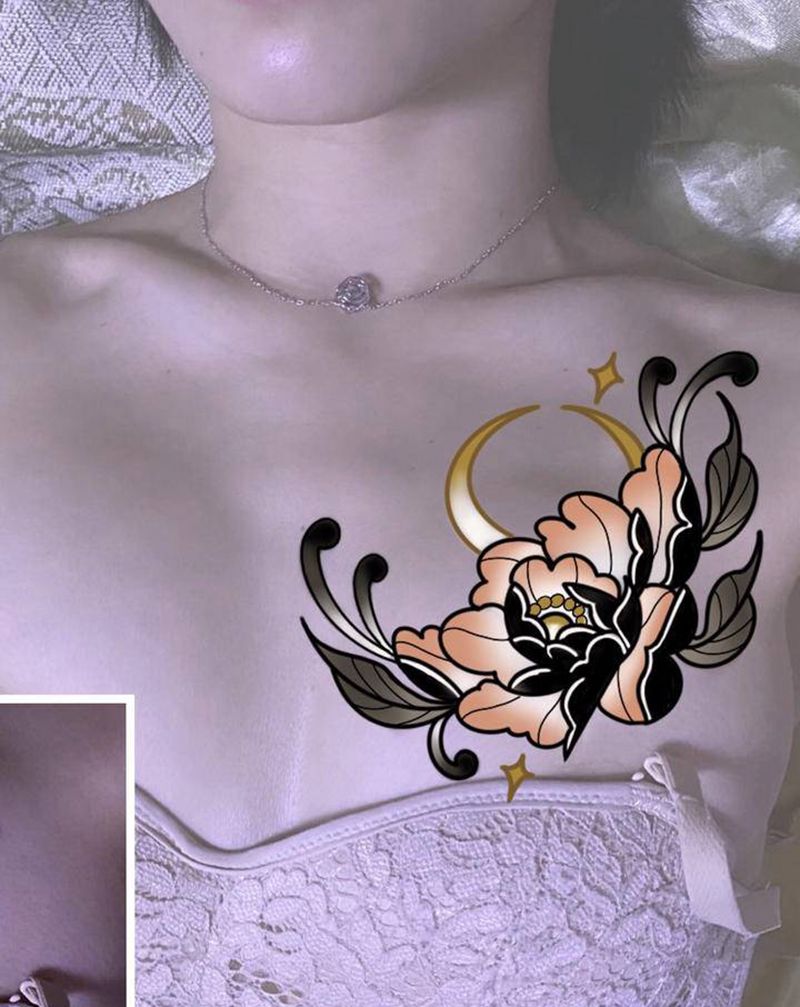 设计遮盖前后纹身图片_胸部New School纹身图案