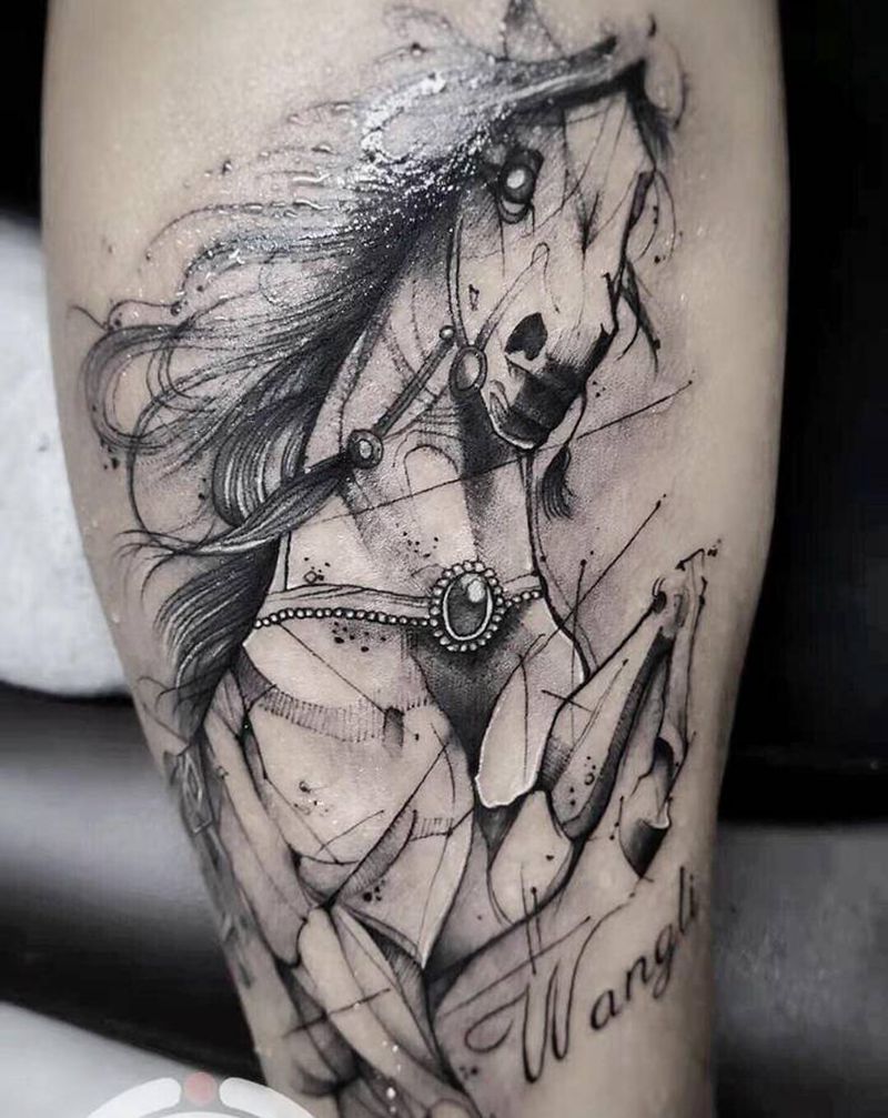 马儿纹身图片_腿部纹身图案