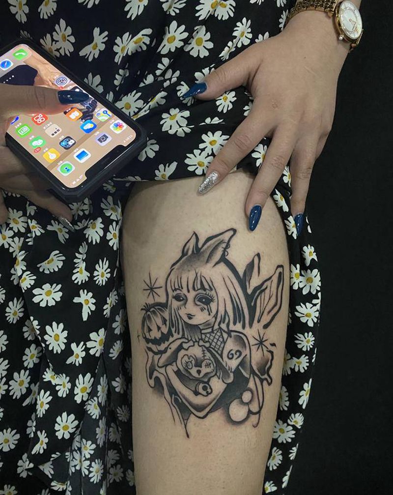 暗黑少女纹身图片_腿部Old School纹身图案