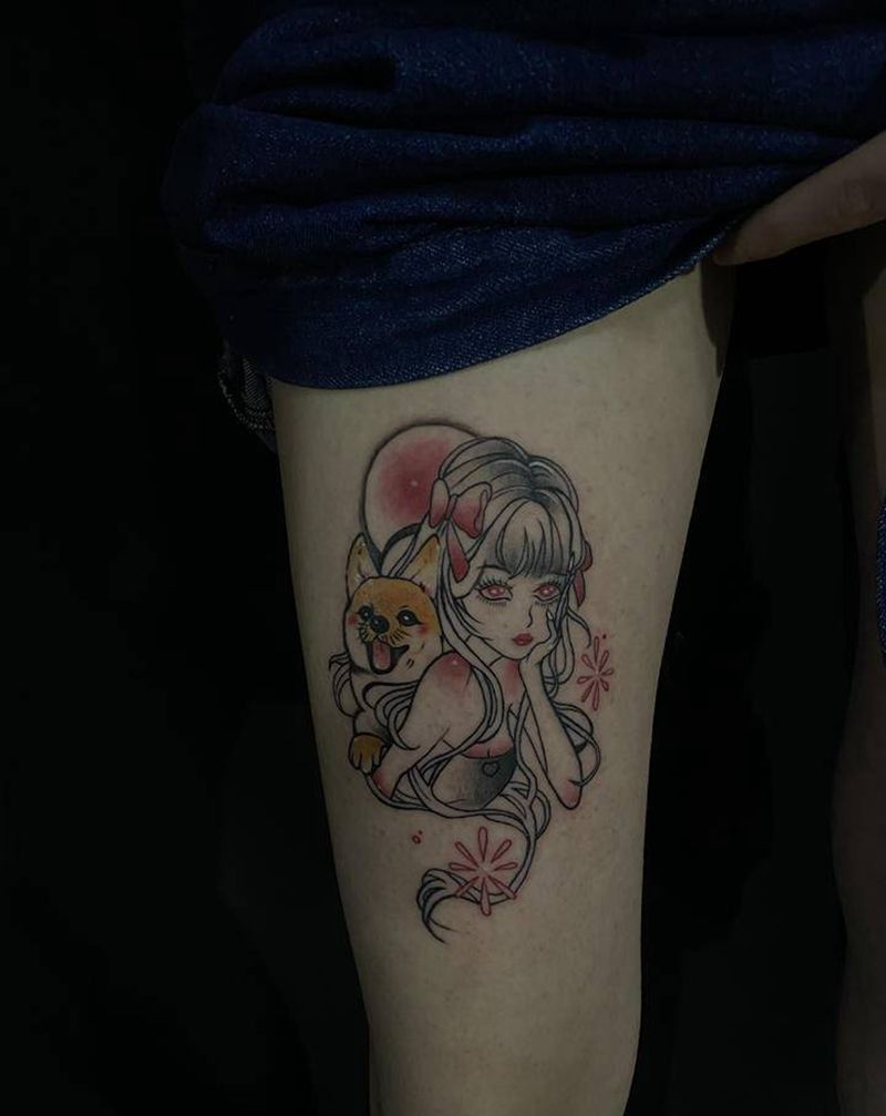 美女柯基纹身图片_腿部Old School纹身图案