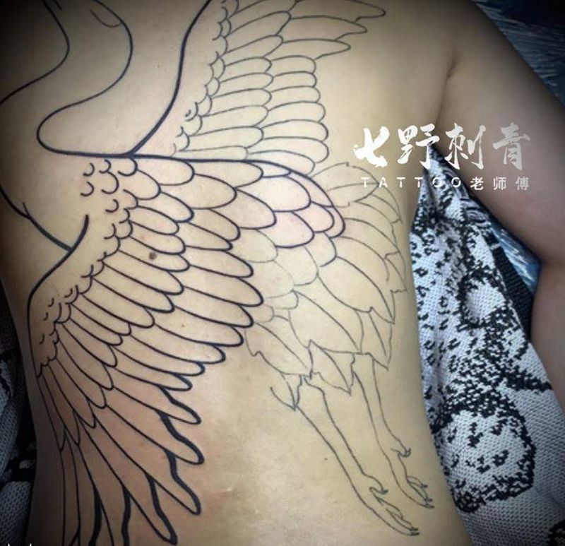 仙鹤纹身图片_背部老传统纹身图案