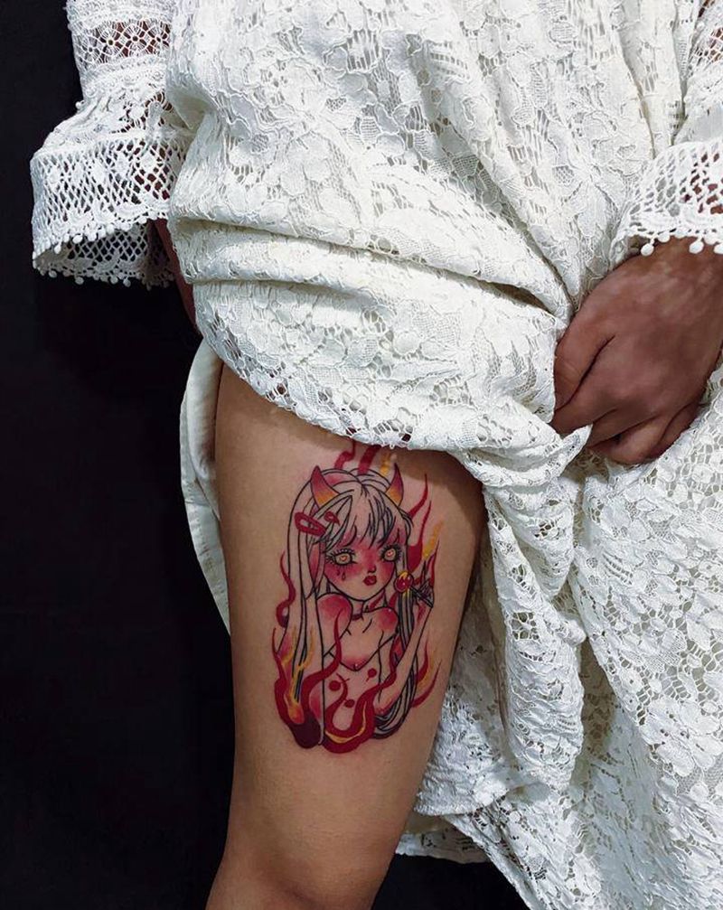 欲火焚身纹身图片_腿部New School纹身图案