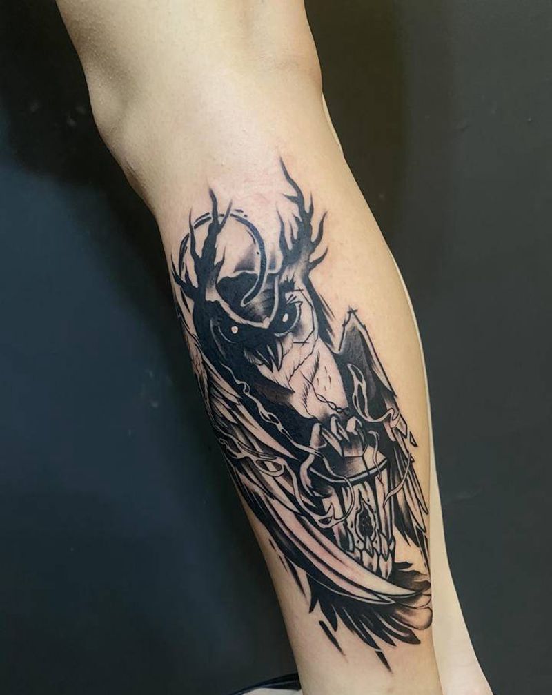 猫头鹰纹身图片_腿部Old School纹身图案