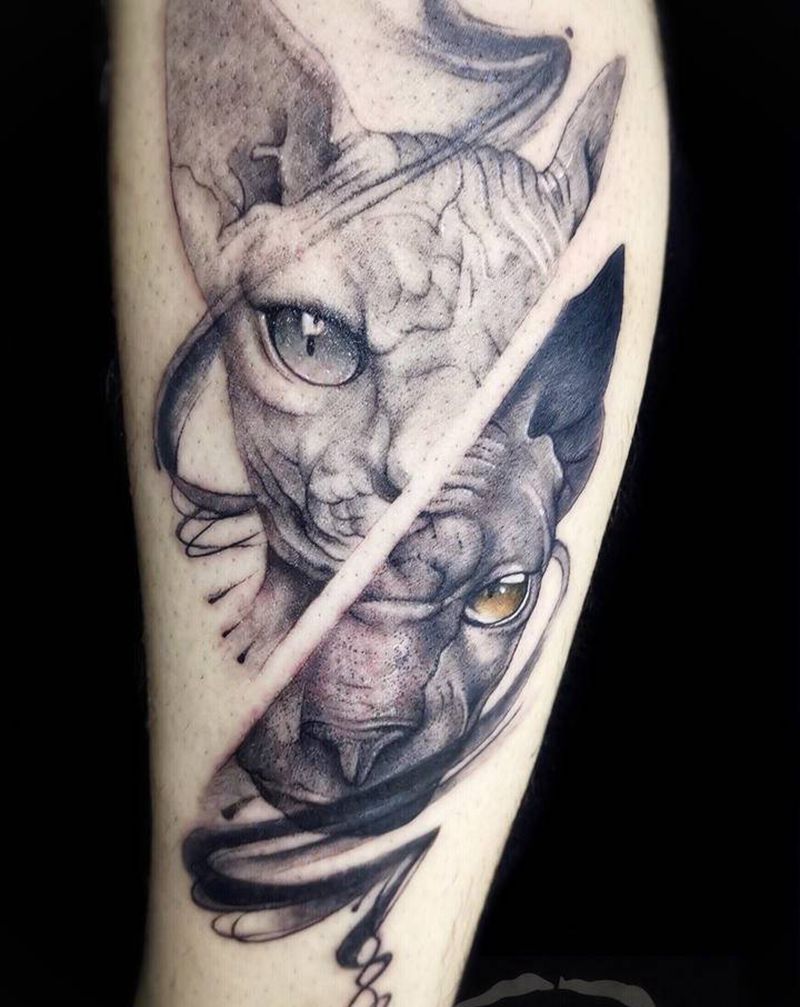 无毛猫纹身图片_腿部纹身图案