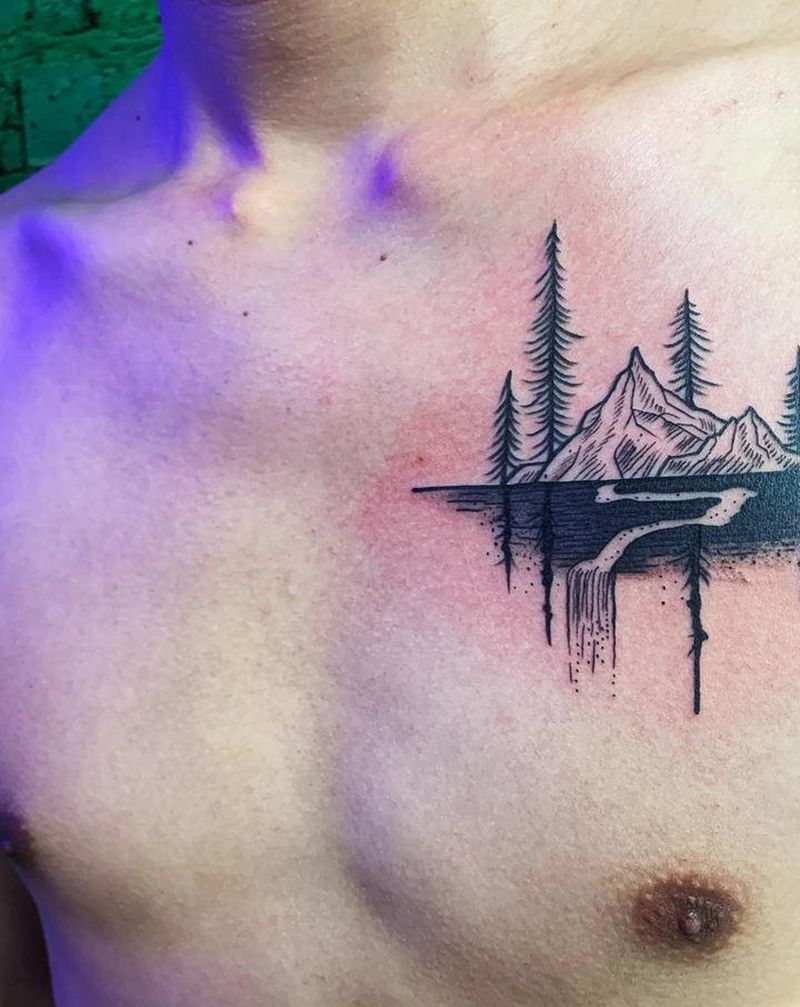 清新山水纹身图片_胸部纹身图案