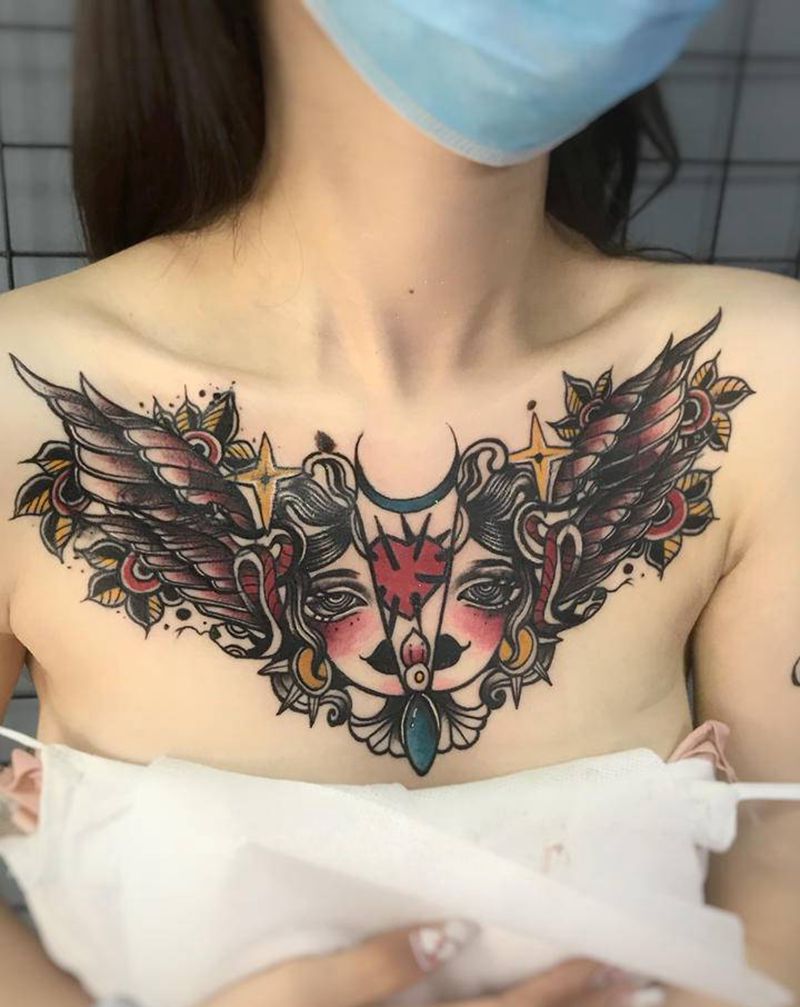 花胸纹身图片_胸部Old School纹身图案