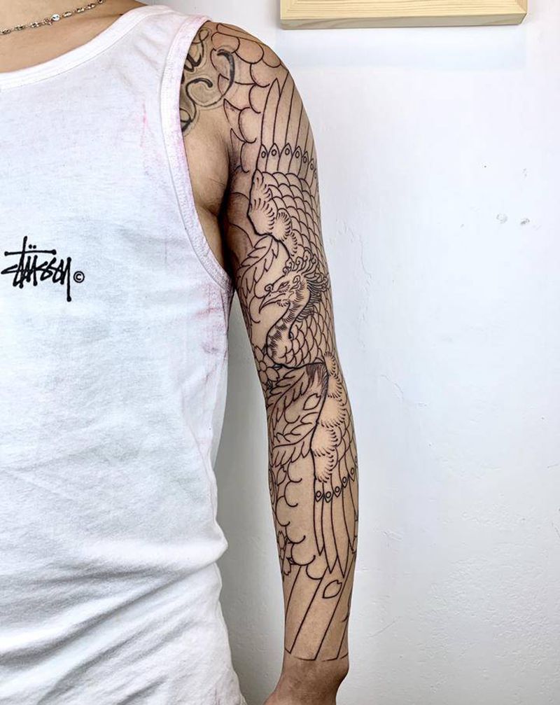 日式花臂《鸾凤》未完纹身图片_老传统风樱花纹身图案