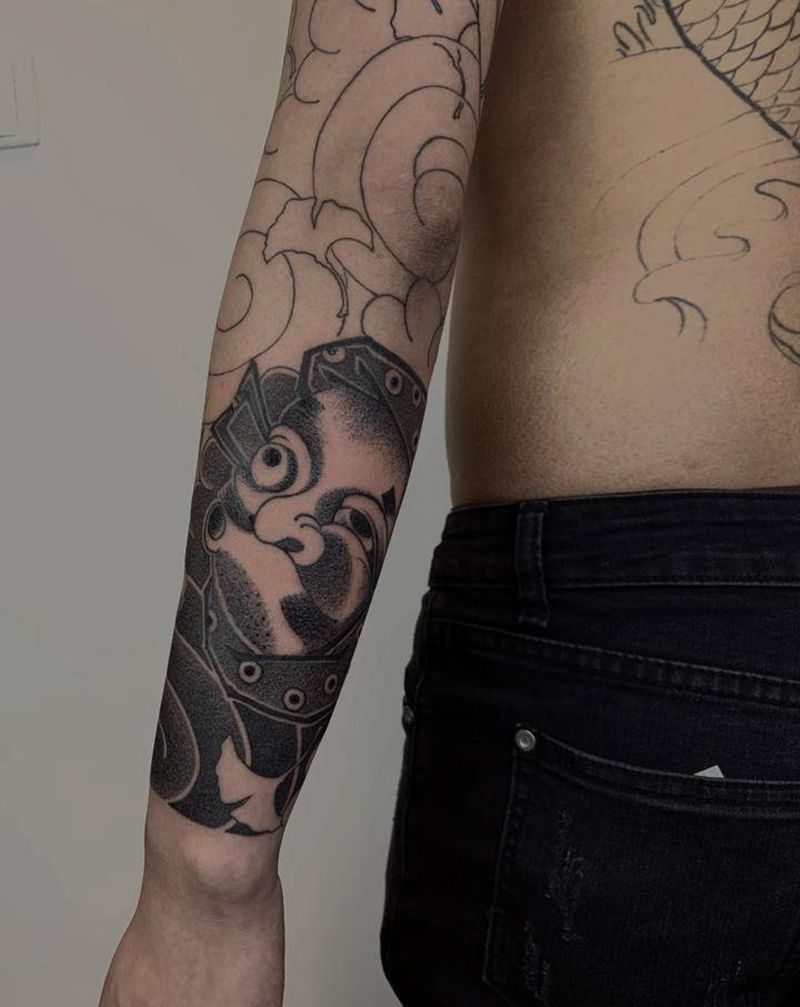 传统拼接花臂纹身图片_手臂新传统火男纹身图案