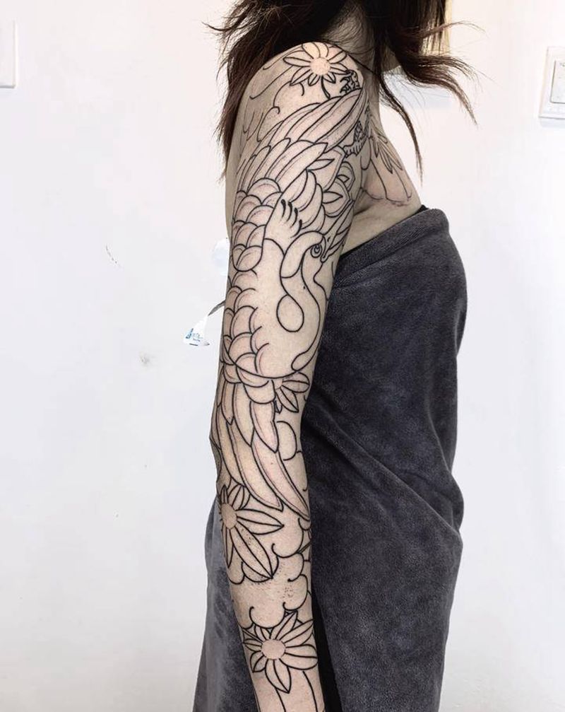 日式传统《鹤鸣》纹身图片_手臂老传统鹤枫叶纹身图案