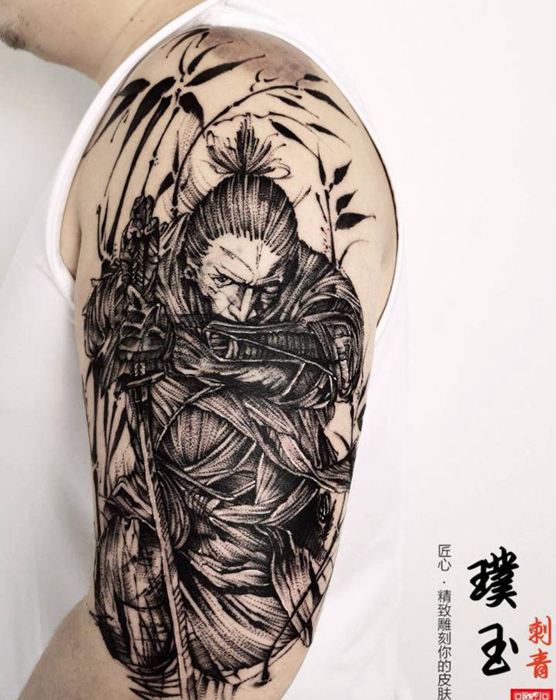 #遮盖#纹身图片_手臂点刺水墨武士竹纹身图案