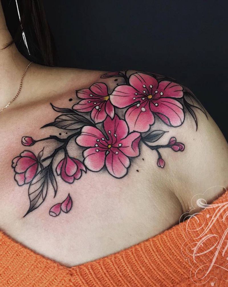 桃妖妖纹身图片_肩部新传统纹身图案