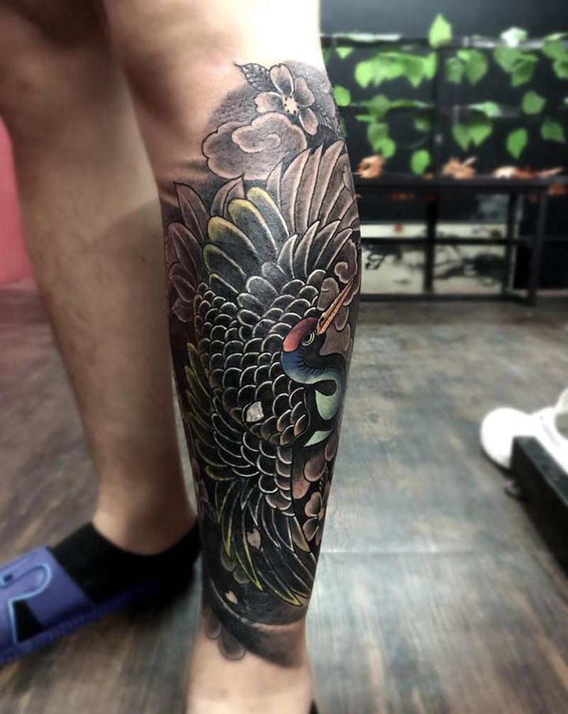 仙鹤纹身图片_腿部纹身图案