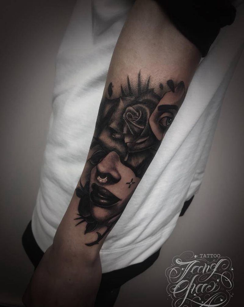 人格分裂纹身图片_手臂欧美写实纹身图案