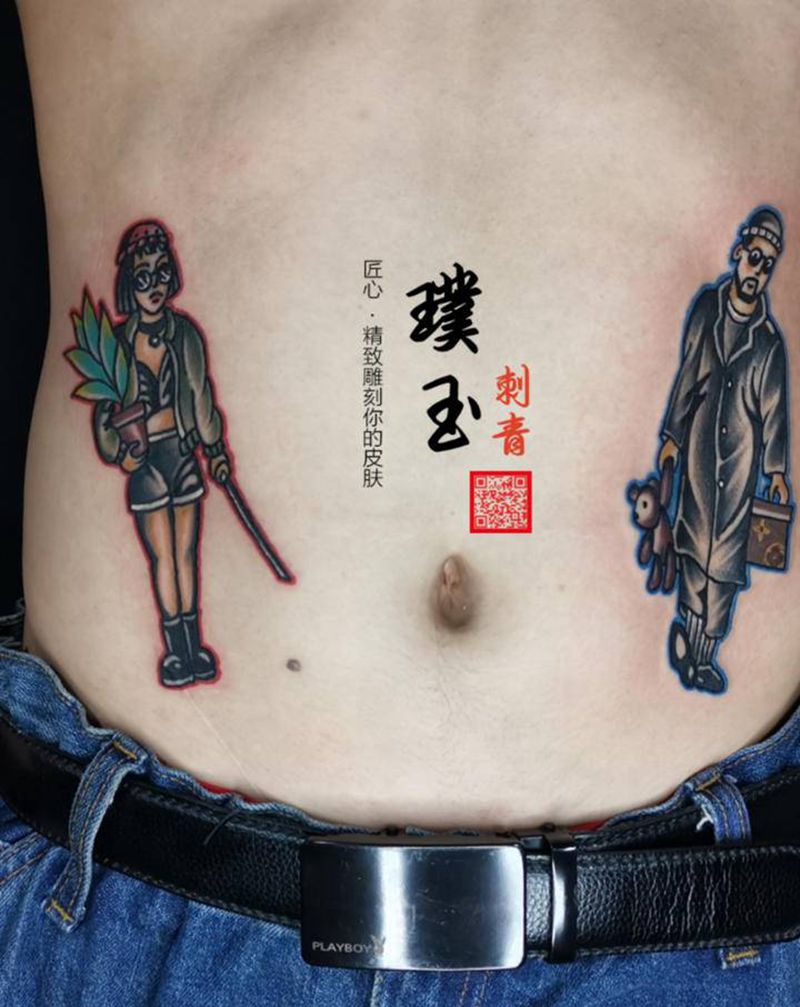 里昂＆玛蒂娜纹身图片_腹部Old School里昂玛蒂娜纹身图案