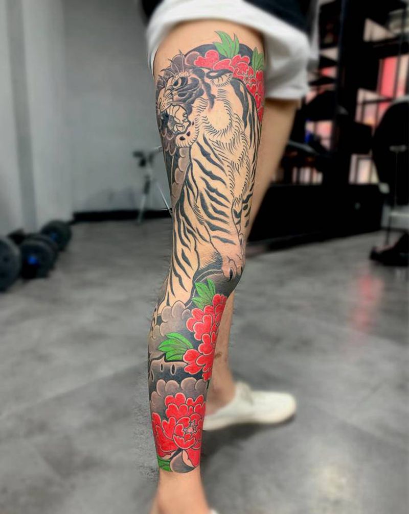 大老虎纹身图片_腿部纹身图案