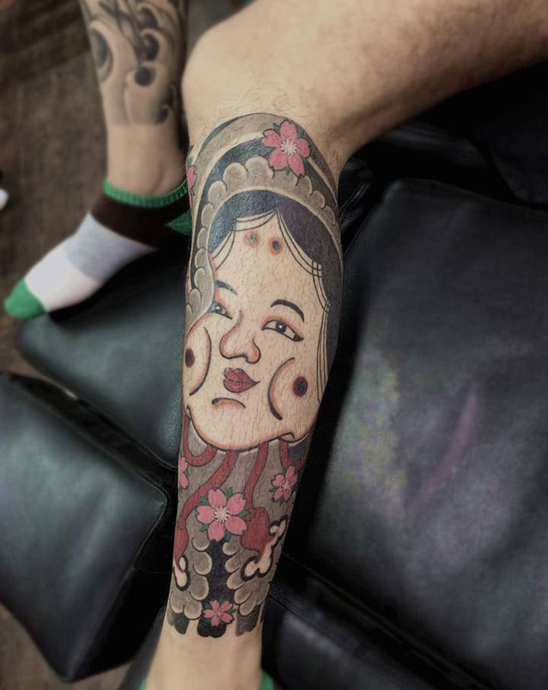 能面纹身图片_腿部纹身图案