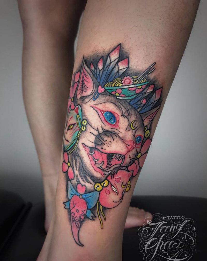 猫纹身图片_腿部新传统纹身图案