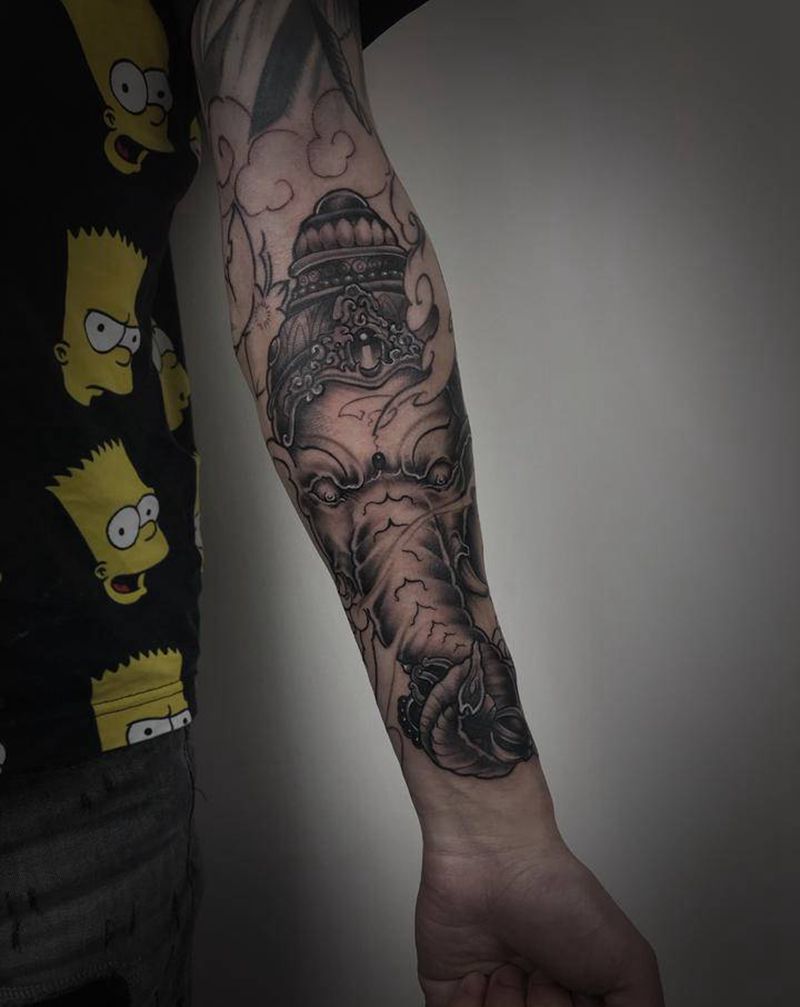 象神纹身图片_手臂新传统纹身图案