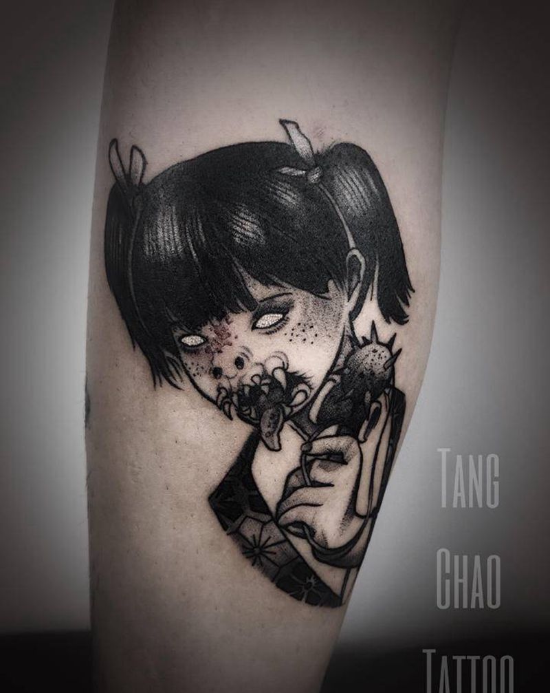 东京喰种纹身图片_腿部点刺纹身图案