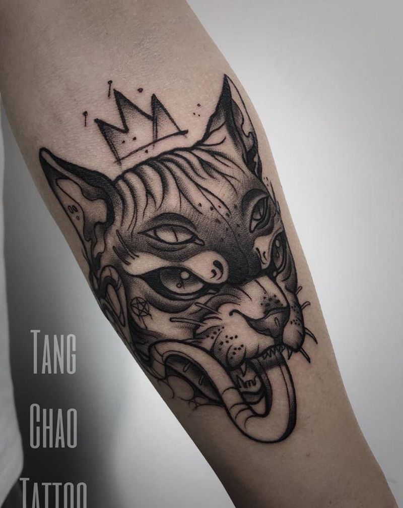 无毛猫纹身图片_手臂欧美写实纹身图案