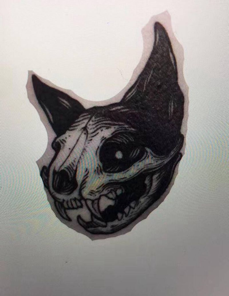 暗黑猫头纹身图片_腿部纹身图案