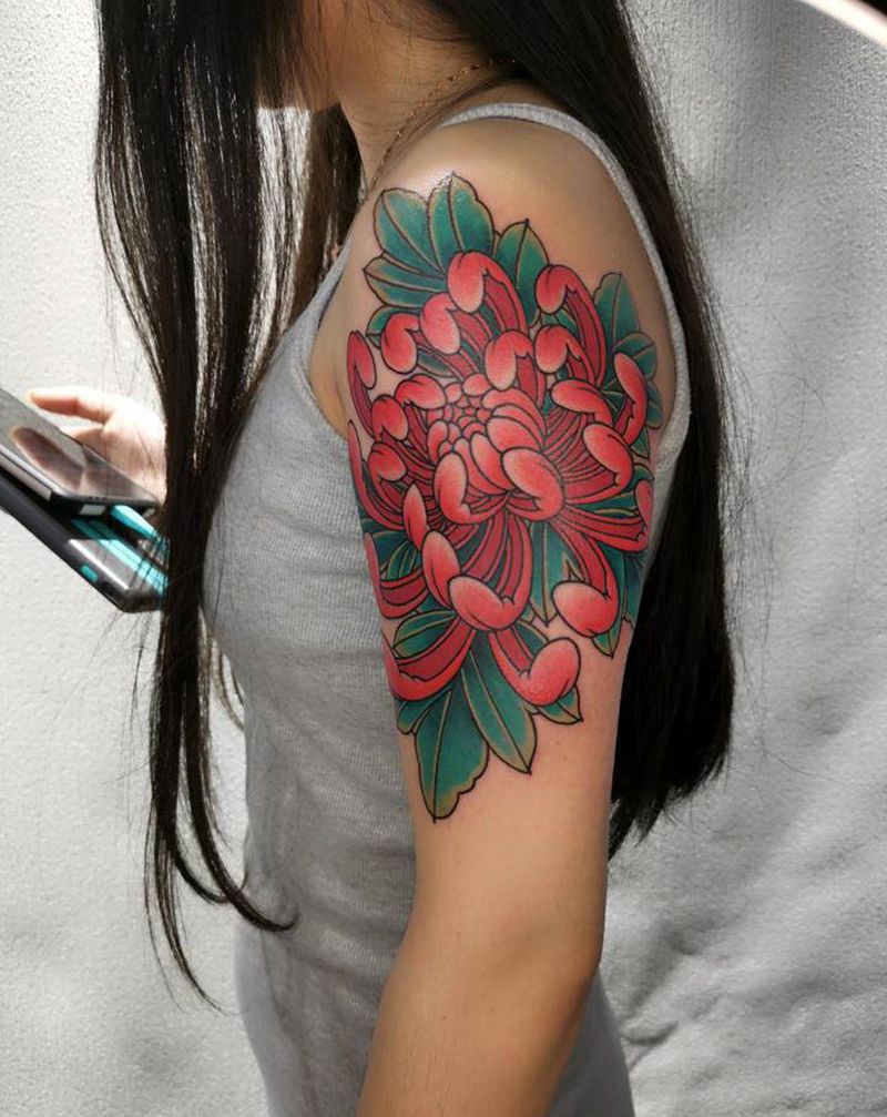 菊纹身图片_手臂老传统菊花纹身图案