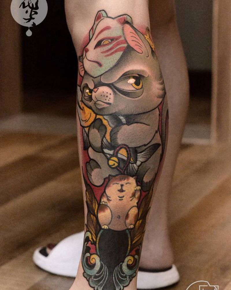 猫，遮盖纹身图片_腿部New School纹身图案
