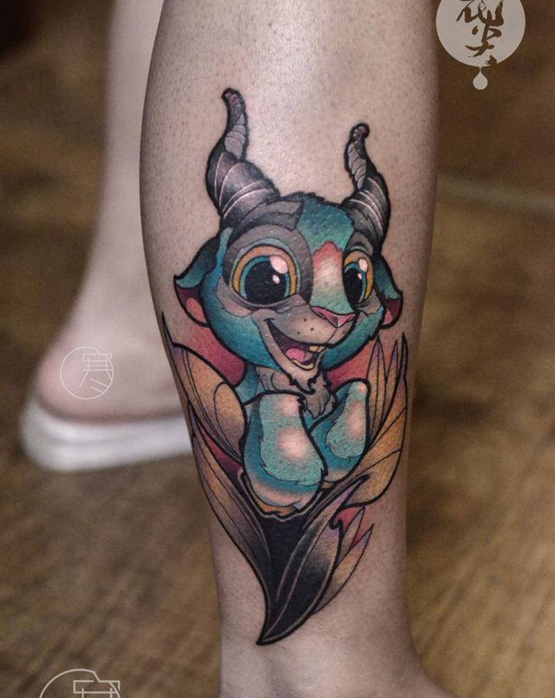 羊纹身图片_腿部New School纹身图案