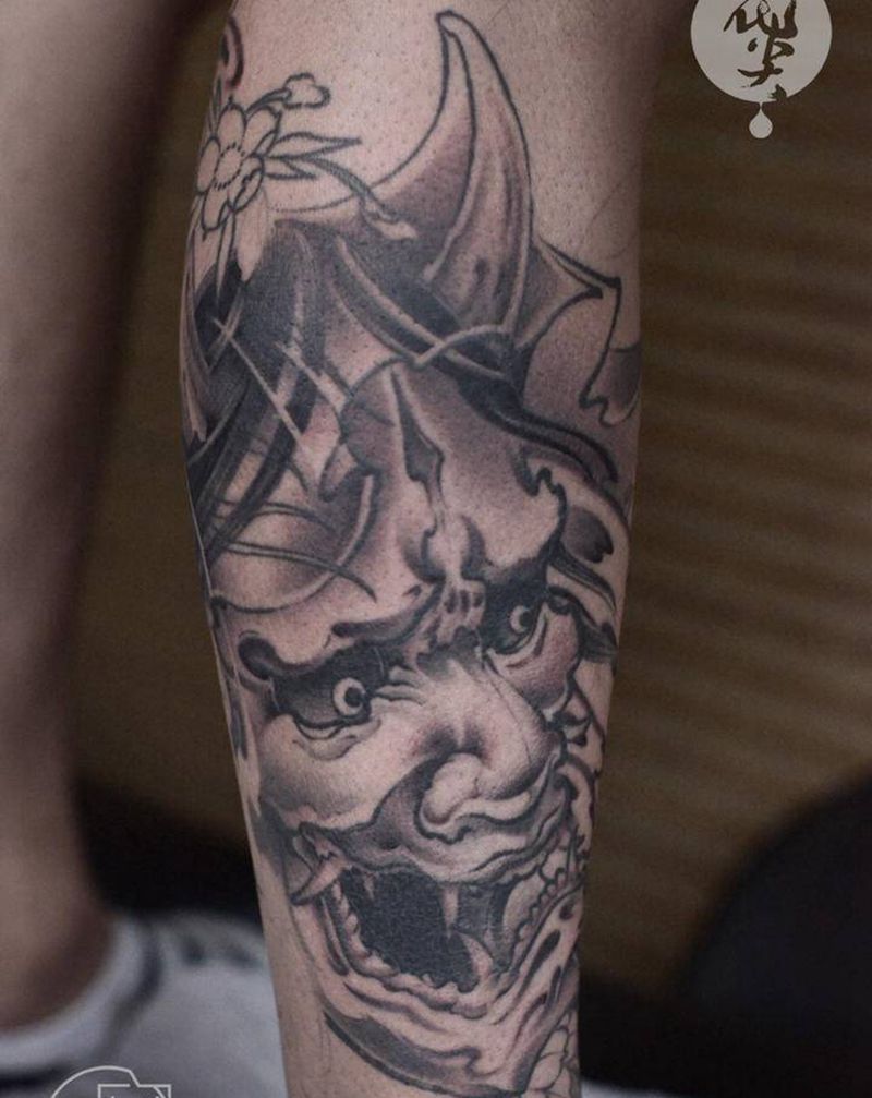 般若纹身图片_腿部新传统纹身图案