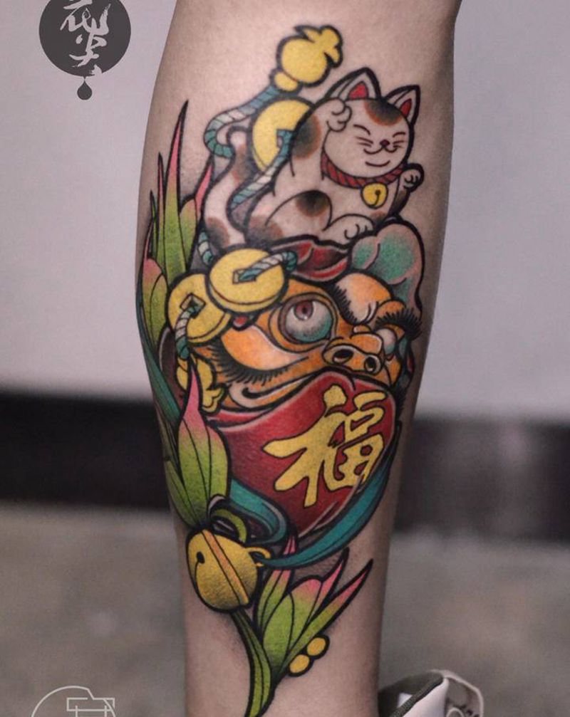 达摩纹身图片_腿部新传统New School纹身图案