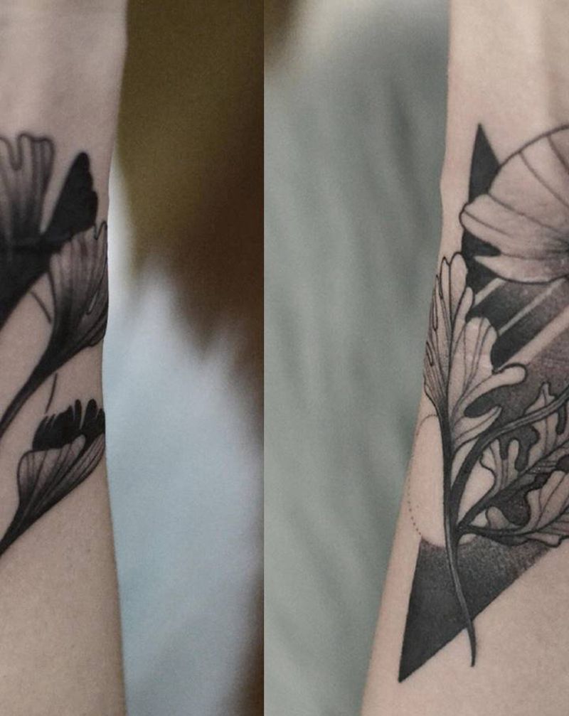 银杏，罂粟纹身图片_手臂几何点刺纹身图案