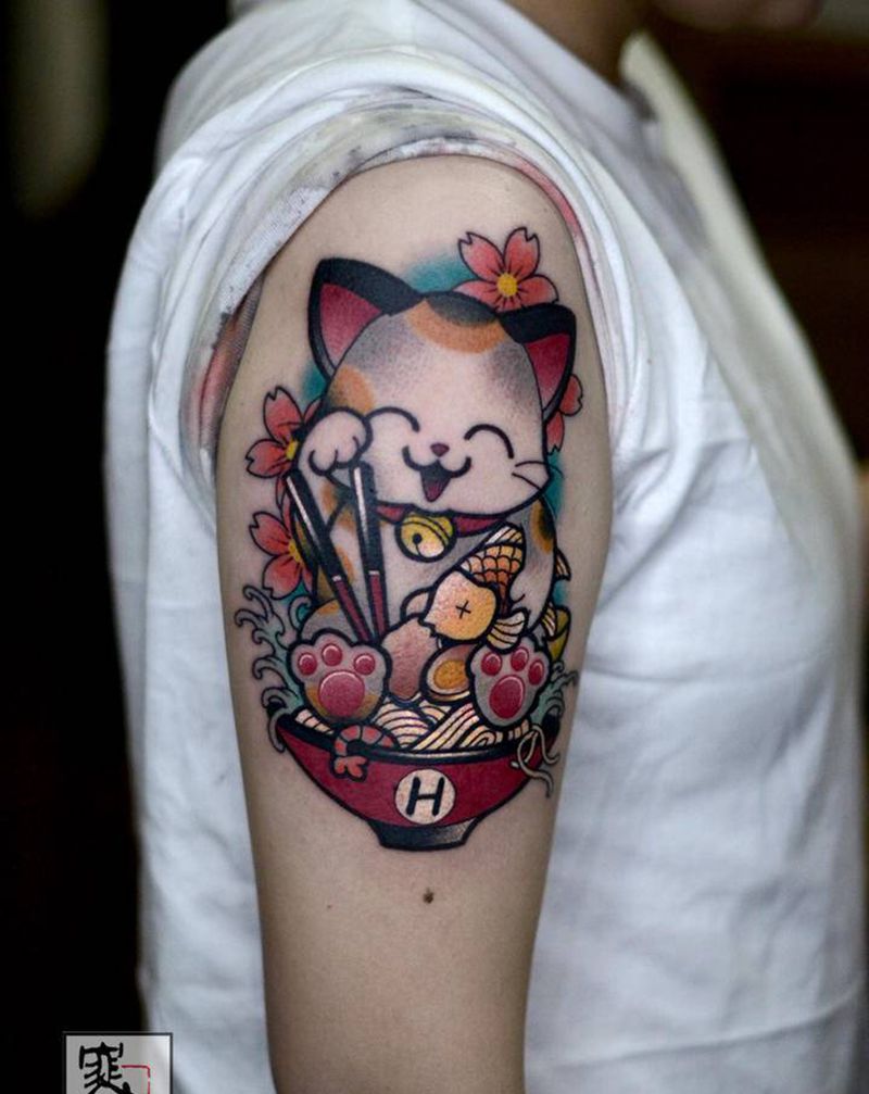 猫纹身图片_手臂New School纹身图案