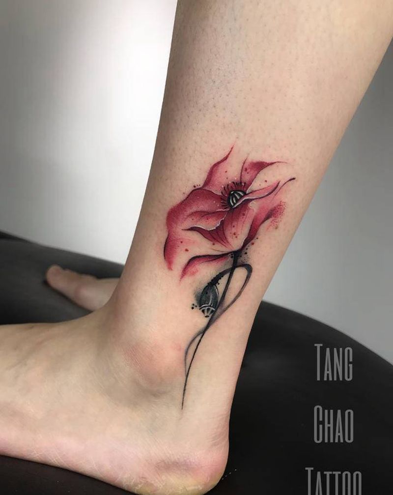 罂粟花纹身图片_腿部水彩纹身图案