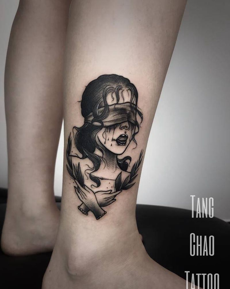 天黑请闭眼纹身图片_腿部Old School纹身图案