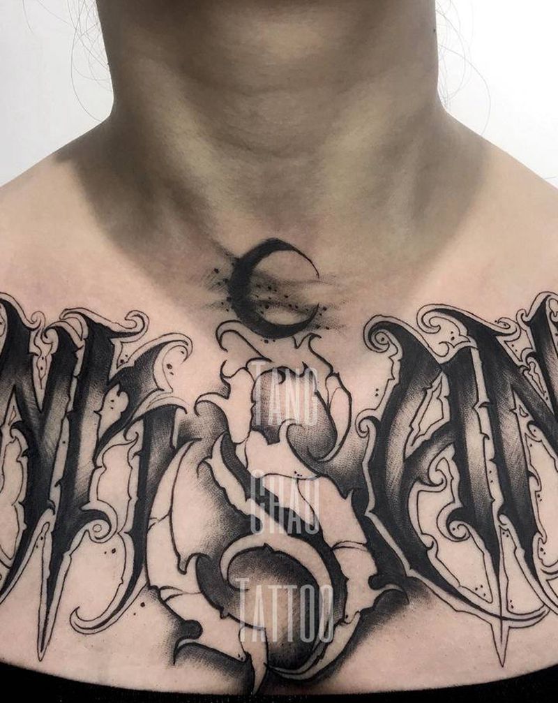 大花胸纹身图片_胸部花体字纹身图案