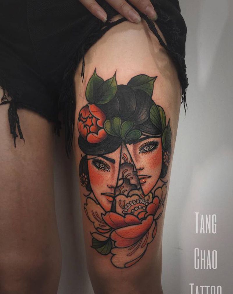 野女人纹身图片_腿部Old School纹身图案