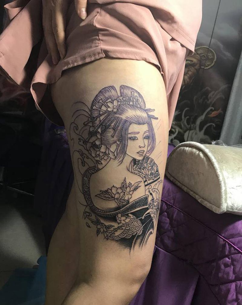 大腿艺妓未完待续纹身图片_新传统纹身图案