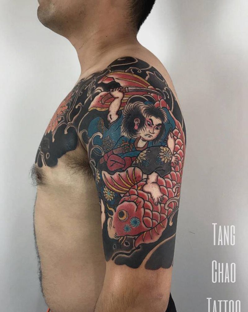 鬼若丸治鲤图纹身图片_肩部老传统纹身图案