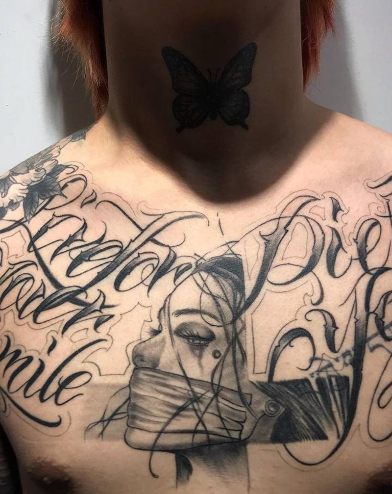 匪帮花体纹身图片_胸部花体字纹身图案