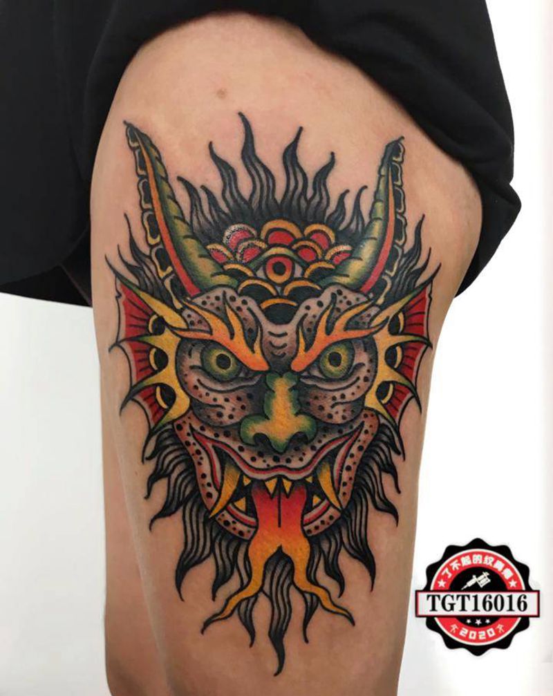 撒旦恶魔纹身图片_腿部Old School纹身图案