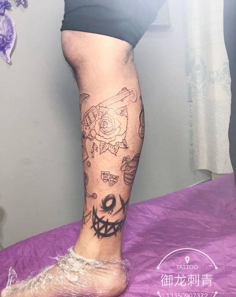 拼图包小腿纹身图片_腿部Old School纹身图案