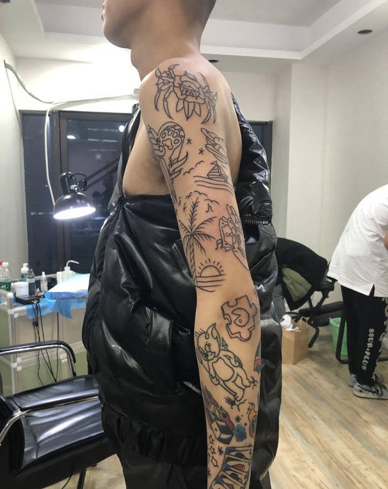 Old shool拼接花臂纹身图片_Old School纹身图案