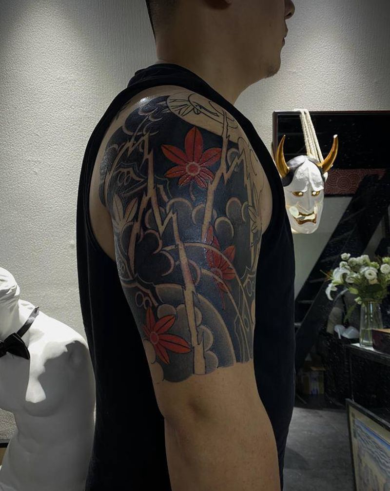 五分臂（未完）纹身图片_手臂老传统枫叶纹身图案