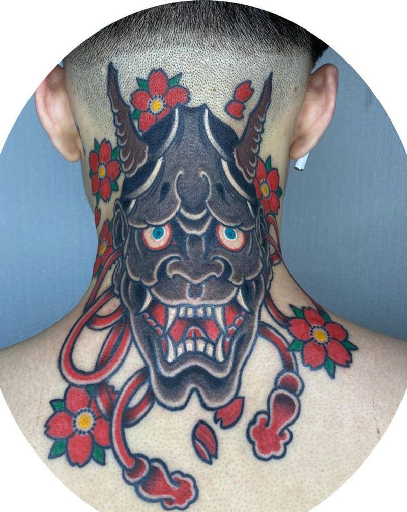 般若纹身图片_肩部老传统般若面具纹身图案