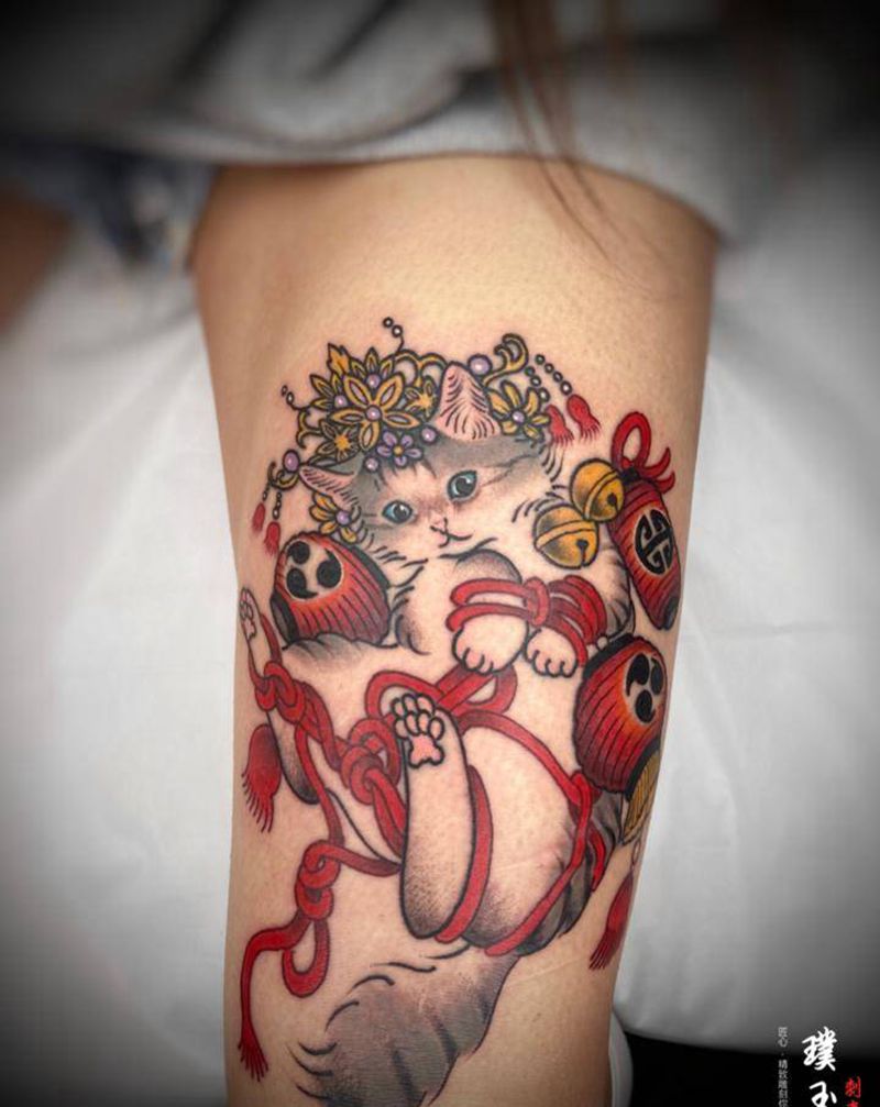 猫咪纹身图片_腿部老传统猫咪纹身图案