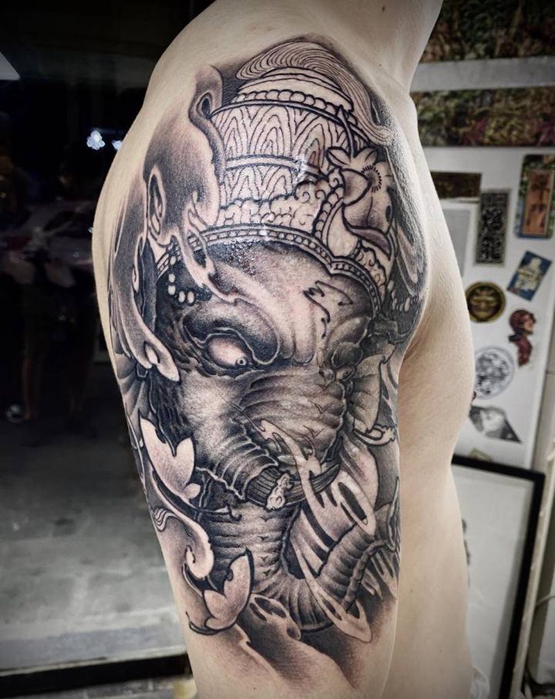 象神纹身图片_手臂新传统象神纹身图案