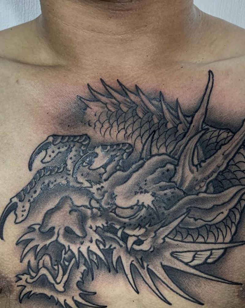 龙头纹身图片_胸部新传统龙纹身图案