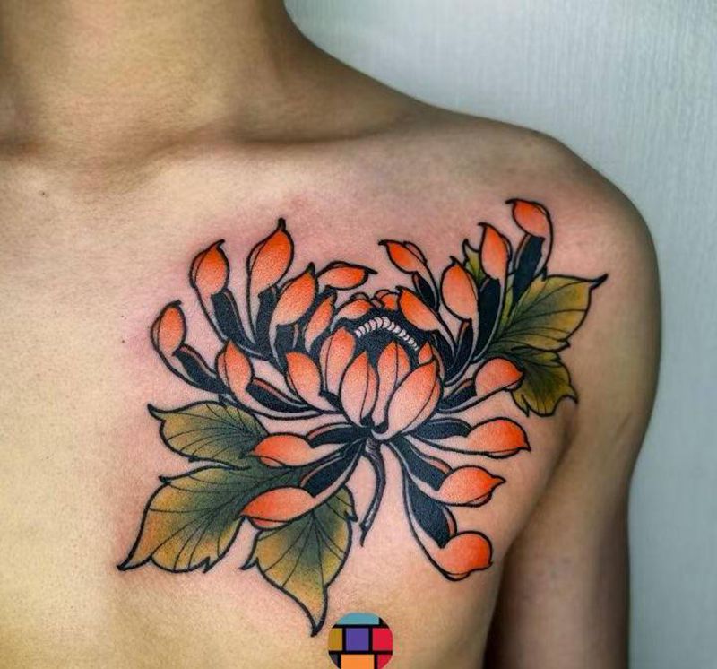 菊纹身图片_胸部老传统New School菊纹身图案